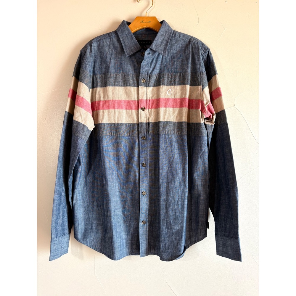 Cookies SF Mens Large Blue Chambray Striped Long Sleeve Button Down Shirt Logo
